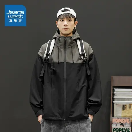 E5真维斯男款 春秋季时尚宽松连帽外套休闲潮流夹克撞色拼接衣服商品大图