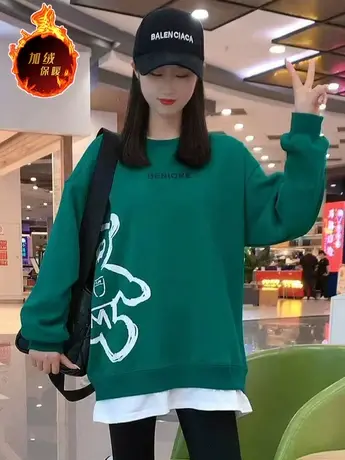 网红小熊加绒加厚假两件卫衣女2023秋冬新款韩版宽松圆领上衣潮款商品大图