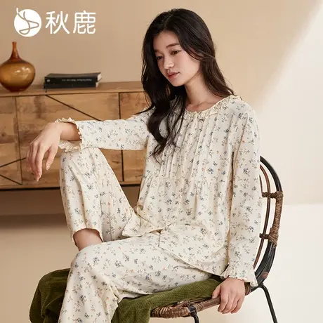 秋鹿【超柔软】纯棉睡衣女秋季碎花圆领长袖长裤可外穿家居服套装商品大图