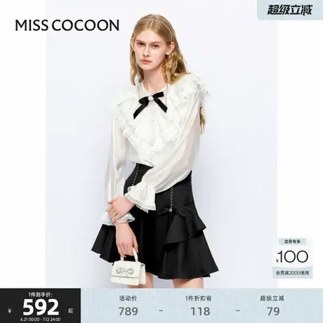 可可尼COCOON2024秋冬新款蝴蝶结复古宫廷荷叶边蕾丝上衣女雪纺衫图片