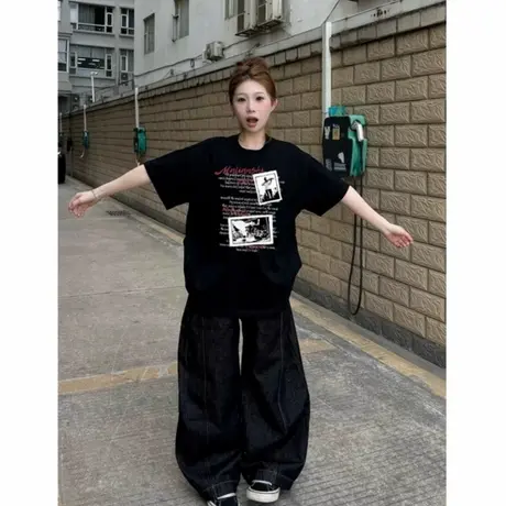 潮牌纯棉美式复古短袖t恤女2025新款设计感小众宽松高街夏季上衣图片