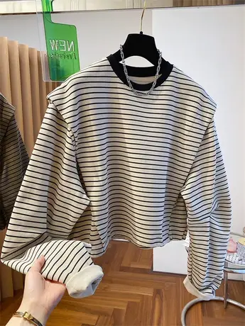 2023新款韩国韩版折肩设计感小众宽松休闲条纹卫衣女短款上衣秋季商品大图