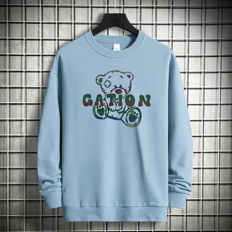 重磅纯棉卫衣男春秋款潮牌小熊印花摇粒绒长袖宽松圆领无帽上衣服商品大图