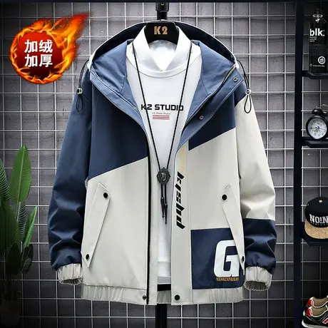 2023秋冬季新款外套男潮流加绒加厚连帽工装夹克男帅气冬装上衣服商品大图
