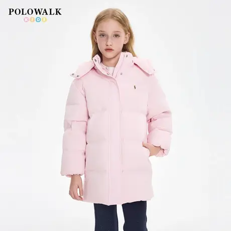 【90白鸭绒】POLOWALK童装女童羽绒服25冬可脱连帽中长款保暖上衣图片