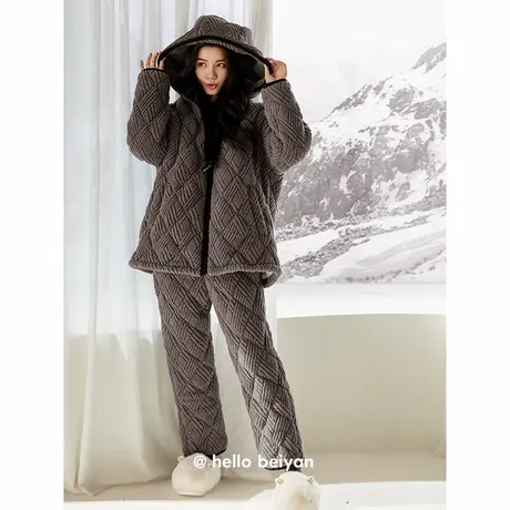 贝妍冬季加厚珊瑚绒夹棉女士睡衣时尚连帽保暖棉袄家居服大码套装商品大图