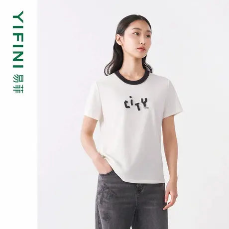 [专柜同款]Yifini/易菲立体字母city撞色宽松短款时尚T恤女春秋新商品大图