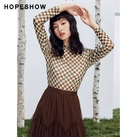 红袖outlets印花棋盘格套头打底衫hopeshow2023秋款修身显瘦长袖商品大图