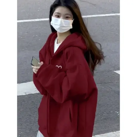 酒红色拉链开衫长袖卫衣女2023春秋新款百搭宽松休闲薄款连帽上衣商品大图