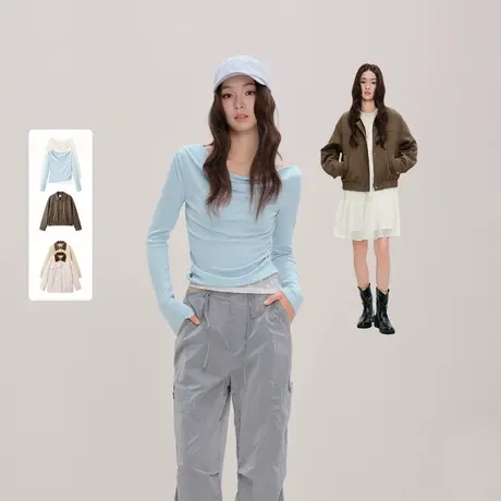 【所有女生直播间】乐町 仿皮衣外套/翻领夹克外套/一字肩T恤图片