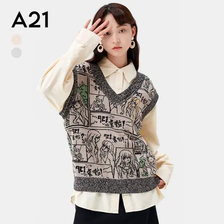 A21女装宽松V领背心无袖线衫美式复古针织马甲毛衣商品大图