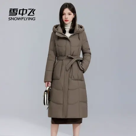 雪中飞2025冬新款羽绒服长款中年妈妈气质系带款连帽保暖大衣款商品大图