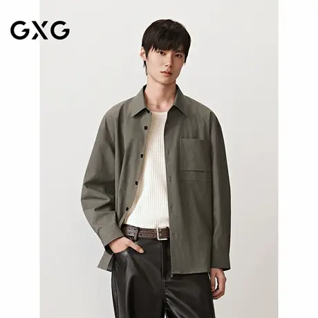 GXG男装 复古纹理长袖衬衫深棕色通勤外套男士上衣 2025秋季新品商品大图