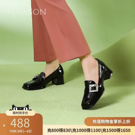 哈森软牛皮革粗跟不累脚通勤单鞋女新款乐福鞋工作鞋HS247106商品大图