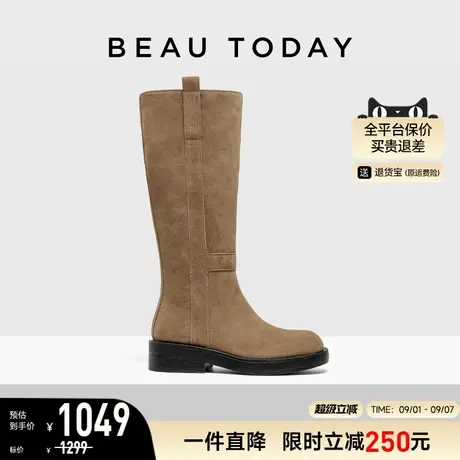 BeauTodayBeauToday真皮长筒靴女新款厚底棕色高筒靴骑士靴子商品大图