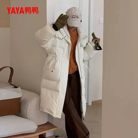 鸭鸭羽绒服女2025冬季新款过膝长款宽松加厚极寒保暖收腰连帽外套商品大图
