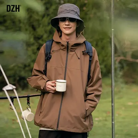男士咖啡色冲锋衣男外套秋季潮牌休闲连帽夹克男款登山服2023新款商品大图