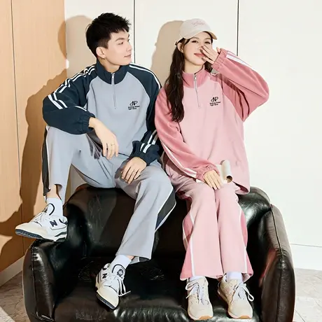 唐狮冬季新款情侣摇粒绒套装男女立领落肩拼接卫衣宽松卫裤潮TD图片