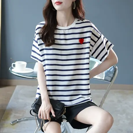 宝诗黎圆领条纹桑蚕丝T恤薄2023夏新款漂亮上衣女士宽松真丝短袖图片