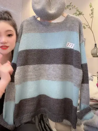 法式高级感撞色条纹毛衣女圆领长袖秋冬新款韩版宽松百搭针织衫潮图片