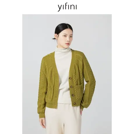 Yifini/易菲宽松短款提花毛织针织衫女士2023秋冬新款保暖V领外套商品大图
