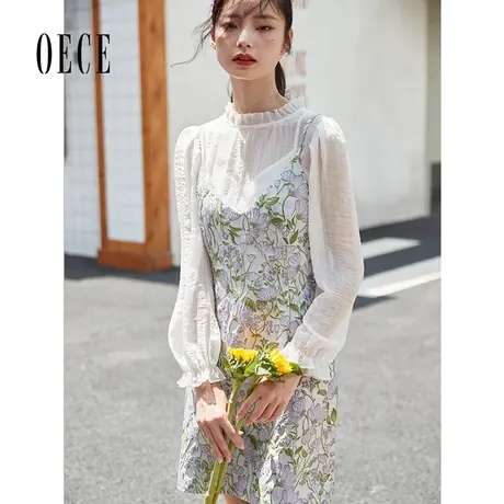 【买1送1】Oece春装女装度假女孩法式甜美复古碎花吊带连衣裙图片