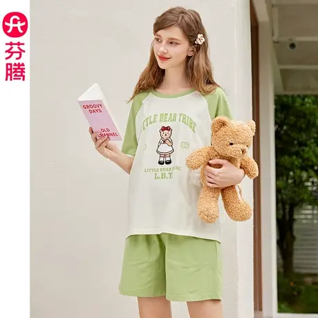 芬腾睡衣女纯棉夏季短袖短裤套装卡通可爱套头宽松休闲大码家居服商品大图