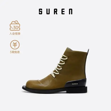 素人SUREN 春秋新款女靴子 牛皮英伦风时尚高帮靴平跟系带皮靴109图片