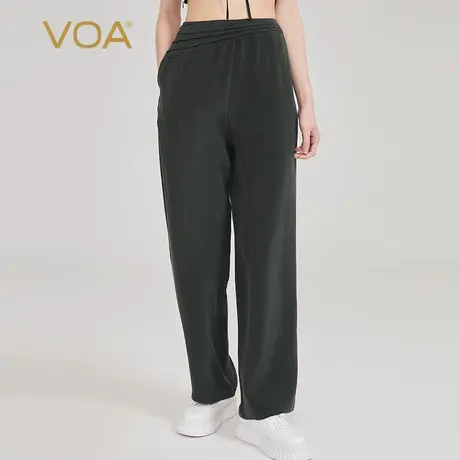 VOA墨绿色30姆米重磅砂洗桑蚕丝自然腰侧口袋直筒休闲真丝长裤图片