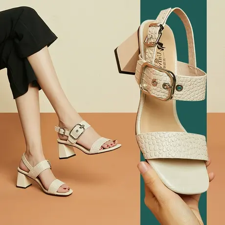 清仓石头纹一字带时尚凉鞋女新款秋粗跟酒红色真皮露趾鞋子女百搭商品大图