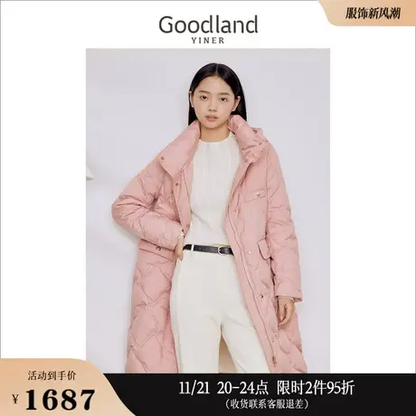 Goodland美地女装2023冬季保暖长款白鸭绒长款连帽衍绣羽绒服商品大图