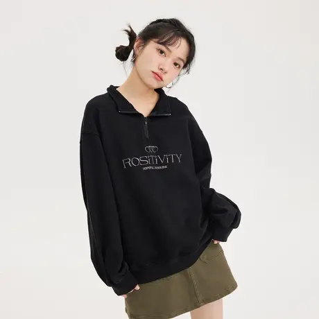 尔给oversize半拉链高领卫衣女秋2023新款美式复古上衣图片