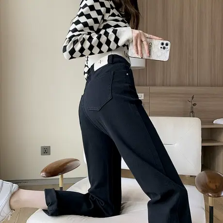 黑色小直筒牛仔裤女高腰烟管裤显瘦2023春秋新款小个子弹力九分裤商品大图