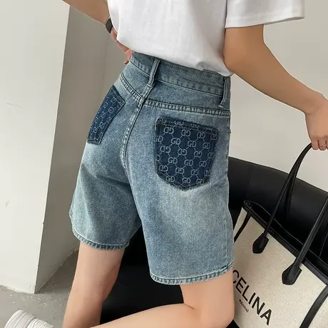 牛仔短裤女夏季薄款2024高腰宽松显瘦百搭港味直筒阔腿五分中裤子商品大图
