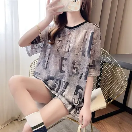 设计感小众短袖t恤女夏季韩版宽松大码女装中长款扎染百搭上衣服商品大图