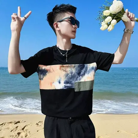 短袖t恤男夏季炫彩拼接潮流休闲小众设计半袖上衣新款ins网红体恤商品大图