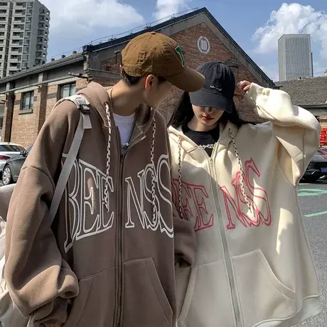 复古发泡字母印花开衫卫衣男潮牌春秋季百搭情侣装连帽款美式外套图片