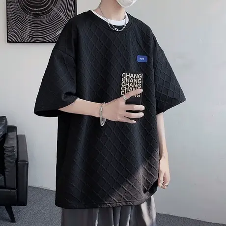 潮牌短袖t恤男2024新款夏季华夫格上衣港风宽松体恤半截袖打底衫商品大图