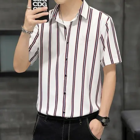 2022男士短袖衬衣夏季修身薄款冰丝衬衫免烫商务休闲条纹潮流寸衫商品大图