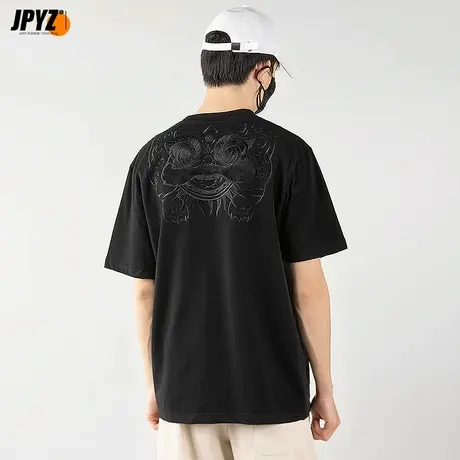 中国风潮牌醒狮刺绣短袖男t恤宽松纯棉百搭情侣潮流国潮上衣服男图片