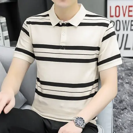 2024新款翻领条纹polo衫短袖t恤男夏季冰丝半袖保罗有领带领体恤商品大图