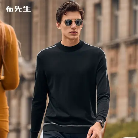 MrBu布先生嵌花工艺撞色线条羊毛T春秋小立领羊毛衫内搭男BT11937商品大图