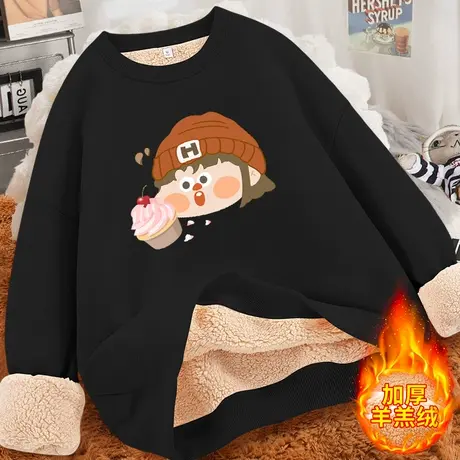 羊羔绒圆领卫衣女冬季2023年新款加绒加厚设计感超好看外穿上衣女商品大图