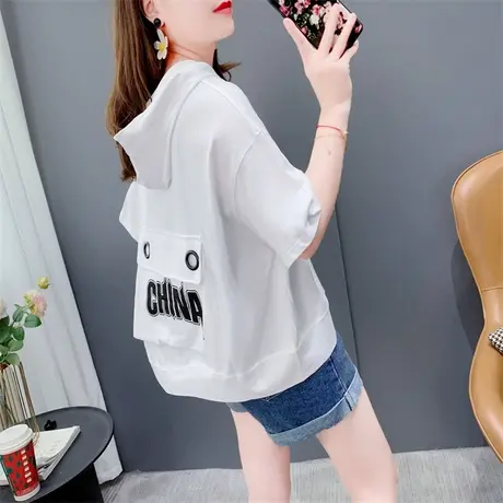 超火小个子连帽短袖t恤女夏季2023年新款洋气减龄设计感短袖上衣商品大图