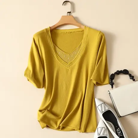 清仓！V领打底衫女秋季2023新款百搭宽松五分袖针织衫毛衣女上衣商品大图