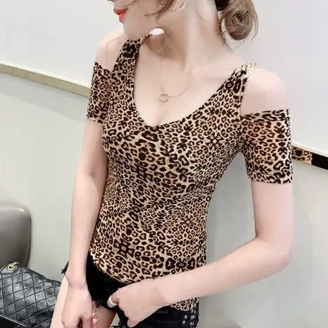时尚豹纹V领T恤女短袖夏装性感露肩小心机上衣洋气显瘦网纱小衫潮商品大图