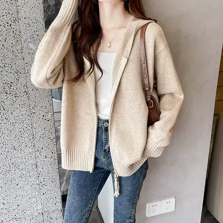 春季2024新款连帽纯色针织毛衣开衫外套女外搭高级感长袖春秋上衣图片