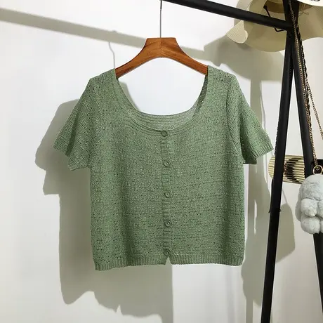 方领针织短袖开衫女夏季新款韩版高腰短款t恤显瘦镂空罩衫上衣潮商品大图