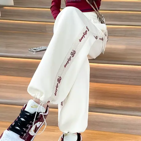 杏色束脚运动裤女春秋新款高腰显瘦字母宽松窄版直筒休闲阔腿卫裤商品大图
