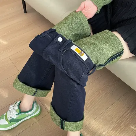 蓝色加绒牛仔裤女秋冬2024年新款高腰宽松显瘦阔腿裤加厚直筒裤子商品大图